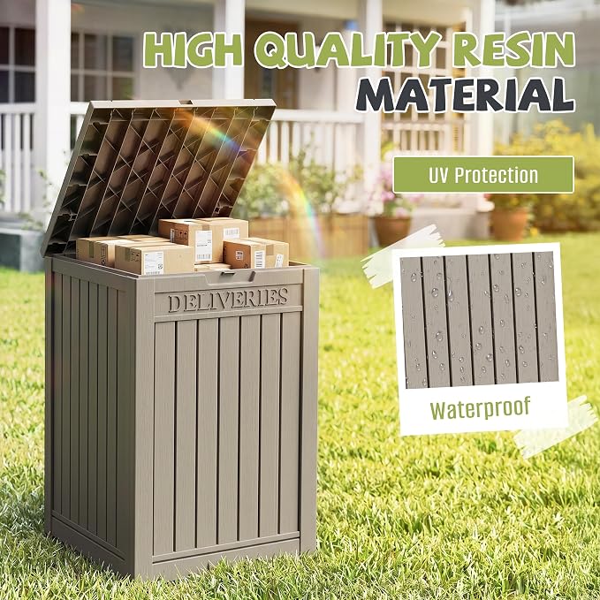 55 Gallon Outdoor Package Delivery Box Waterproof with Lockable, Weatherproof Secure Parcel Drop Box for Porch, Resin Outside Storage Boxes Grey