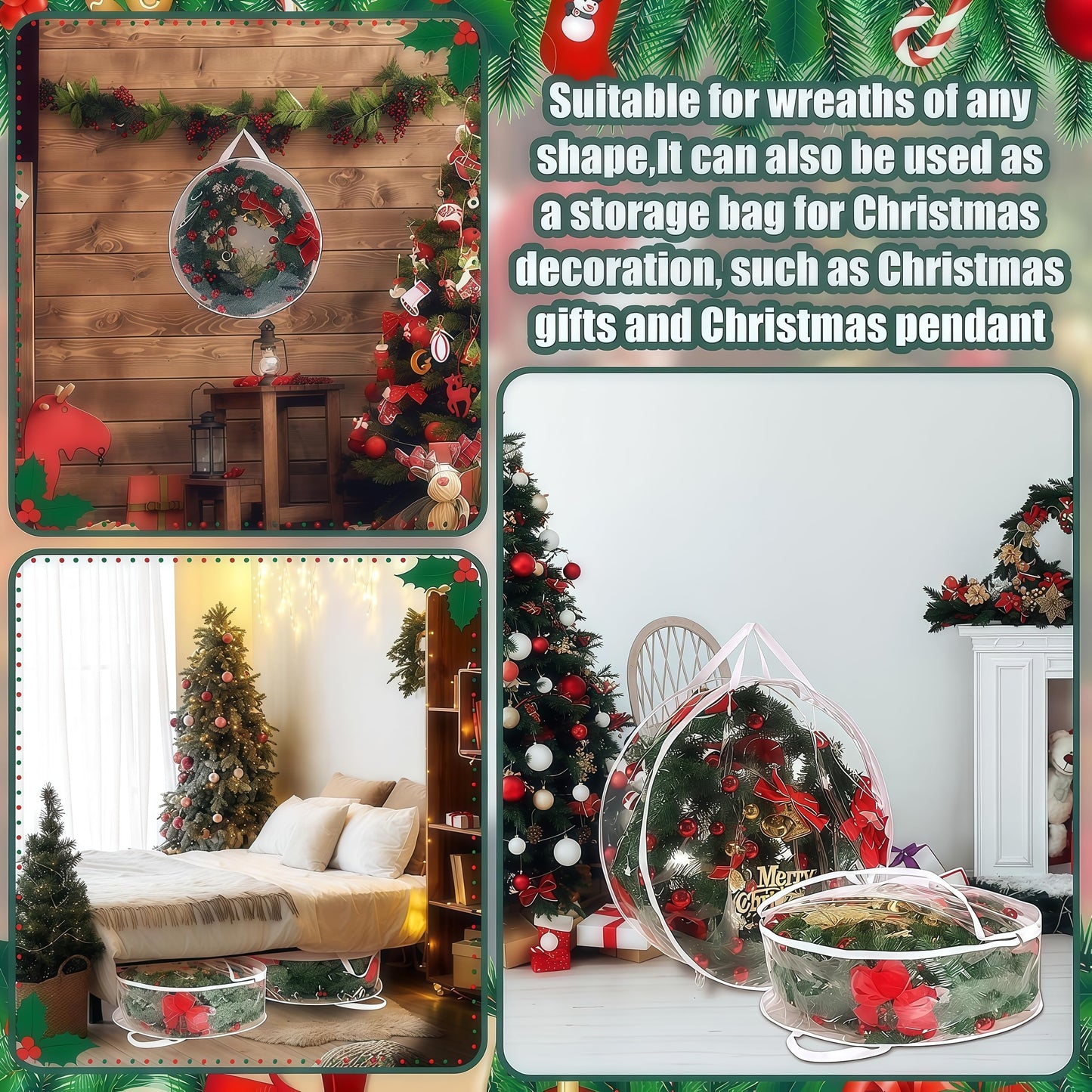 2Pcs Christmas Wreath Storage Container 24 Inch Clear Wreath Storage Bags Round Durable Wreath Bags Clear Everyday Bag with Dual Zippers and Sturdy Handles for Holiday Christmas Wreaths（Medium）