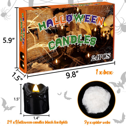 Renbuzhu 24Pcs Halloween Decorations Indoor Candles Black Tea Lights: Led Flameless Tealight Battery Operated Table Decor with Spider Webs (No Timer&Remote)
