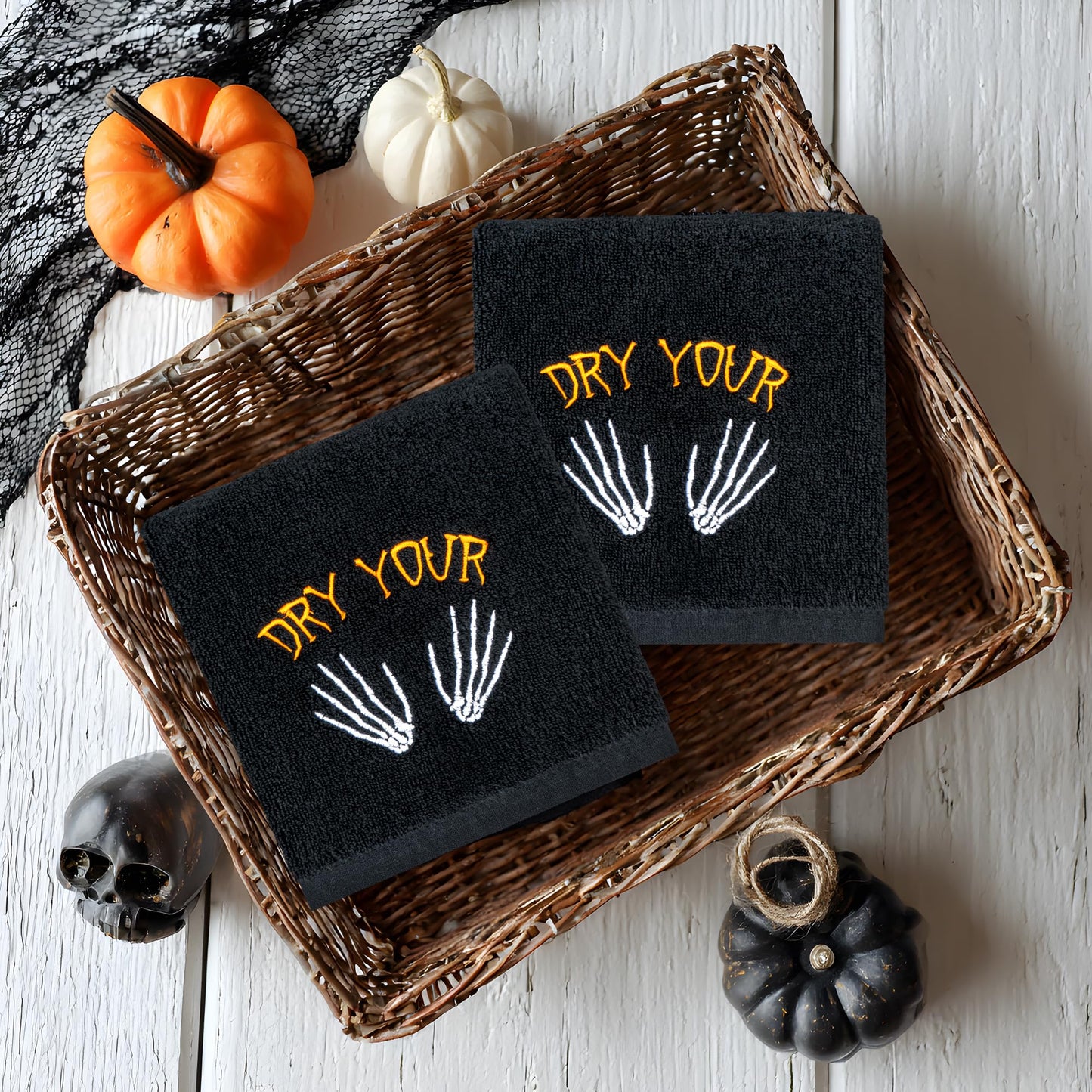 EraGleeVibe 2 Pcs Halloween Gothic Skull Skeleton Embroidered Hand Towels Black Dry Your Hands Cotton Towel for Bathroom Home Kithcen Skeleton Bathroom Towels Gift 13.4 x 29.5 Inch