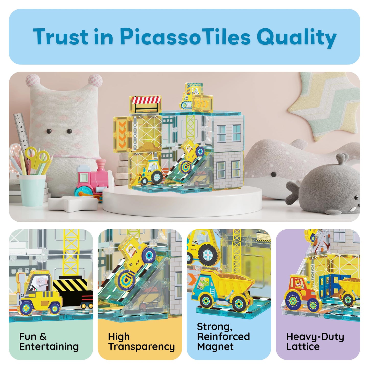 PicassoTiles Magnet Tiles Magnetic Building Blocks with 8 Construction Vehicles Crank Truck Excavator Bulldozer Road Roller Concrete Mixer Tractor Dump Truck Forklift Toys Learning Kids Ages 3+ PTQ11