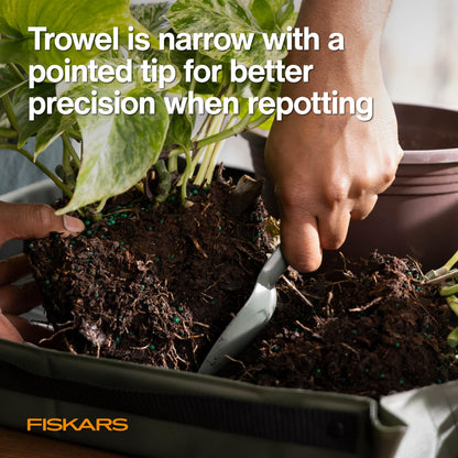 Fiskars 5-Piece Plant Cultivating Tool Set, Nesting Trowel, Soil Scoop, Cultivator, Tongs & Brush for Indoor Gardening, Stainless Steel w/Green Powder Coat Finish, Space Saving Design for Houseplants
