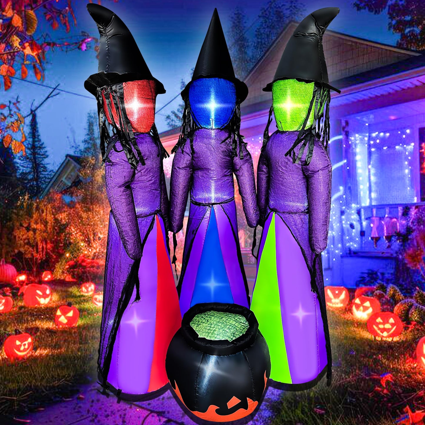 BLOWOUT FUN 6 FT Halloween Inflatables 3 Holding Hands Witches with Cauldron Blow Up Inflatables Halloween Faceless Witch Decorations with Build-in LEDs for Home Yard Lawn Garden Party Decor