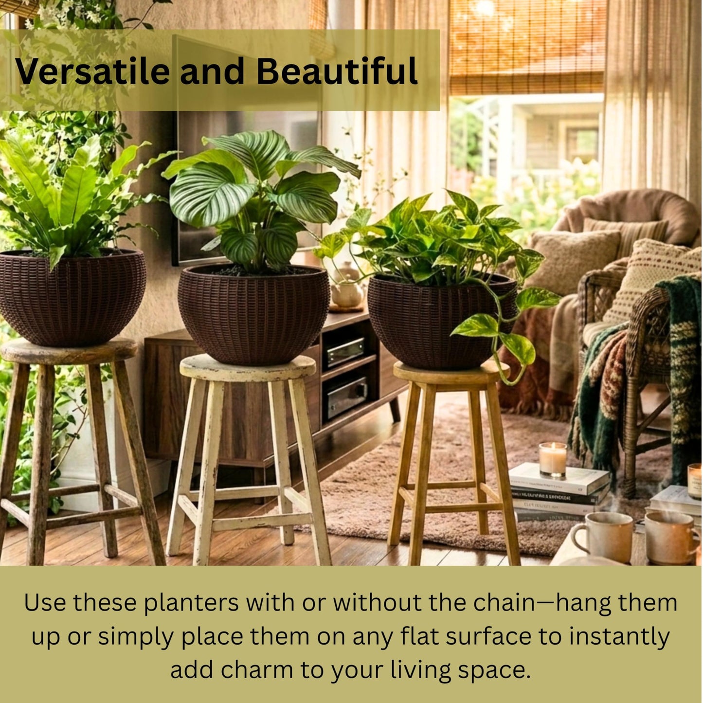 LaLaGreen Bundle- 4 Pack, 11 Inch Brown + 2 Pack, 11 Inch White Self Watering Hanging Plant Pots Round Plastic Flower Baskets with Metal Chain Rattan Style Deck Balcony Decor Porch Patio Indoor Garden