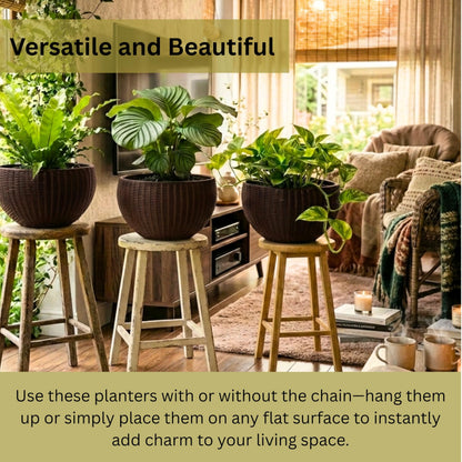 LaLaGreen Bundle- 4 Pack, 11 Inch Brown + 2 Pack, 11 Inch White Self Watering Hanging Plant Pots Round Plastic Flower Baskets with Metal Chain Rattan Style Deck Balcony Decor Porch Patio Indoor Garden