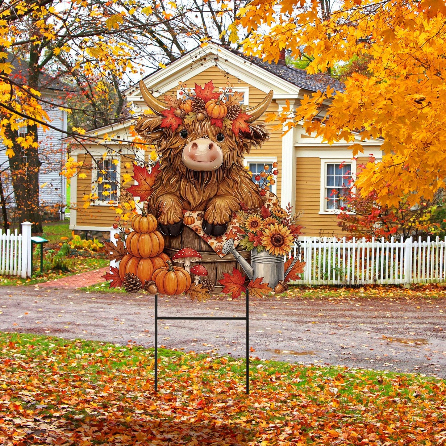 Amyhill Fall Highland Cow Outdoor Decor Autumn Harvest Highland Cow Metal Garden Stakes Fall Pumpkin Maple Leaves Farmhouse Outdoor Yard Signs for Home Lawn Porch Patio Thanksgiving Decor