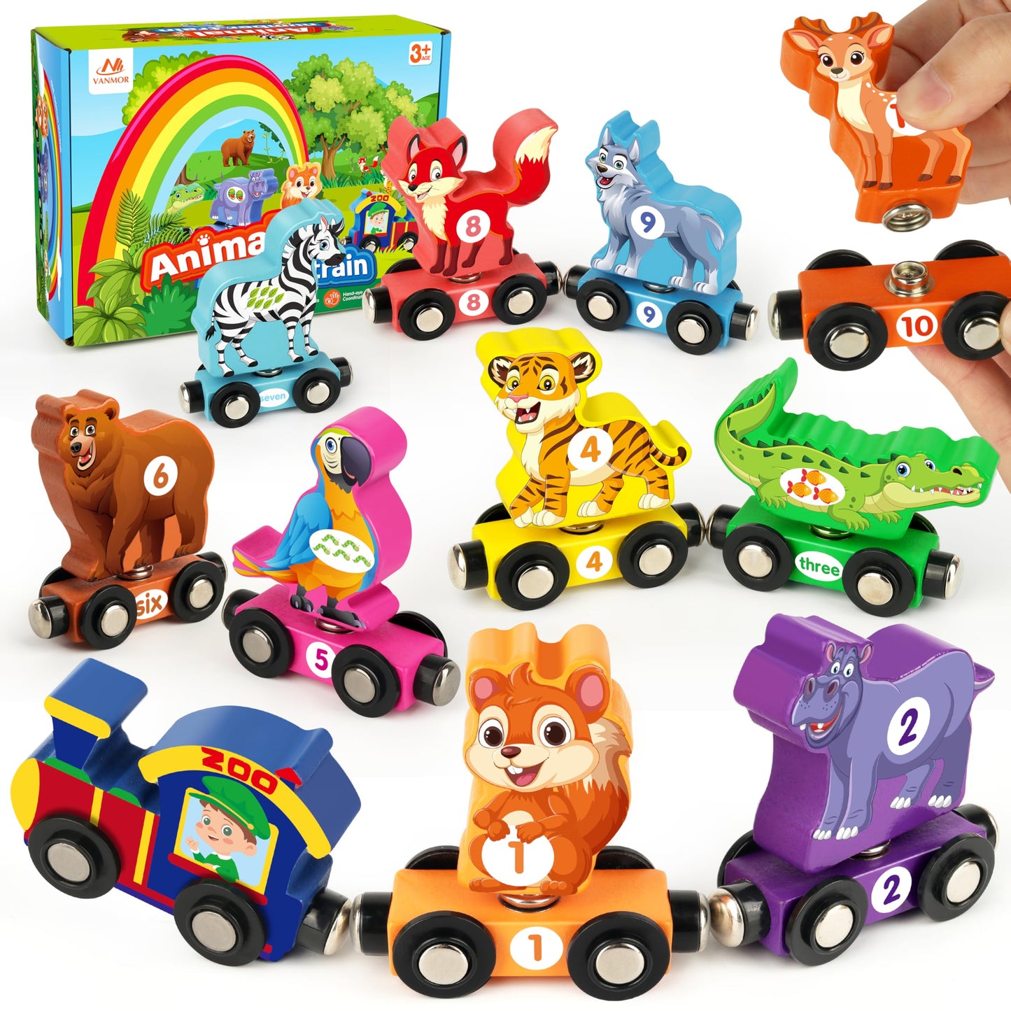 Vanmor Wooden Train Set for Toddlers, Magnetic Animal Number Train Toys for Ages3-5, Toddler Learning Toys, Fine Motor Skills Educational Toys, Preschool Activities, Toddler Boy Girl Gifts