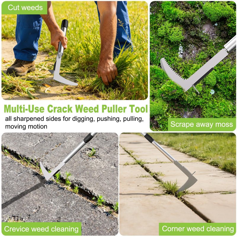 Crack Weeder, Stainless Steel Crevice Weeding Tool with 22'' to 64'' Adjustable Long Handle, L-Shaped Manual Weed Puller Spatula, Weed Remover Gardening Tool for Sidewalks Driveways Patio Pavers Rocks