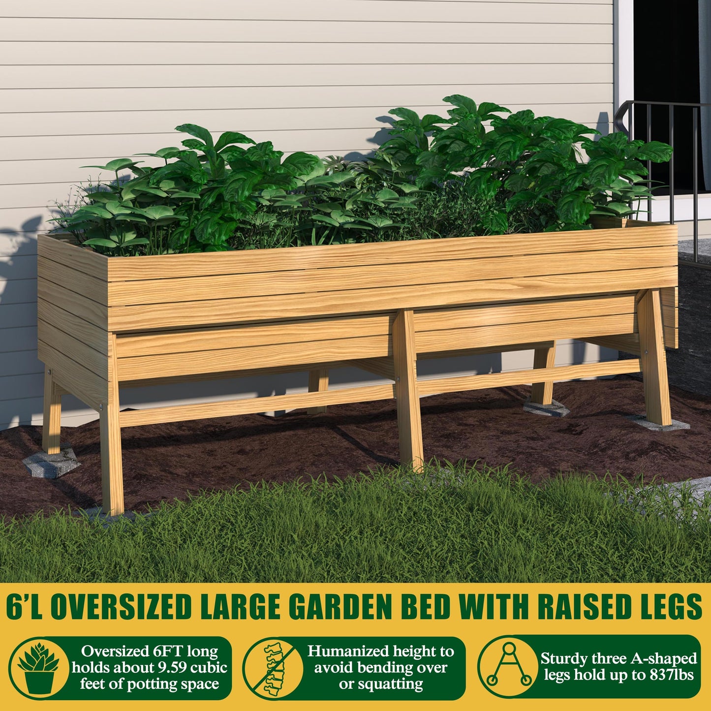 MUPATER Outdoor 6x3x2FT Cedar Raised Garden Bed for Vegetables with 6 Legs, 837lbs Large Elevated Garden Planter Box with Liner Design for Herbs and Flower, Natural