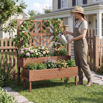 Giantex Raised Garden Bed with Trellis, 2-Tier Standing Planter Box with Legs and Drain Holes, Outdoor Elevated Garden Trellis for Vine Climbing, Flower Vegetable Fruit Herb Growing, Coffee Brown