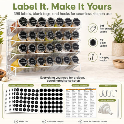 UVIAHOMI Magnetic Spice Rack Organizer for Refrigerator with 28 Spice Jars, 386 Spice Labels, 4 Hook, Chalk Marker and Funnel Set, Magnetic Shelf for Seasoning Organizer, 13.2'' W x 9.8 H, White