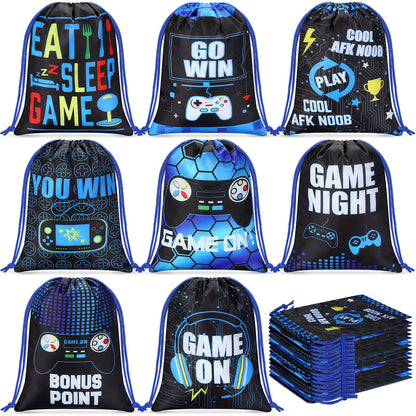 Faccito 16 Pieces Video Game Party Favors Bags 7 x 9.8 Inch Gaming Party Drawstring Bags Bulk Game Theme Goodie Candy Treat Gift for Boys Girls Birthday Supplies, 8 Styles(Blue)