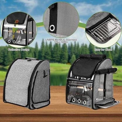 Sanmoncare Bird Carrier Backpack with Stainless Steel Mesh, Parrot Travel Cage with Stand, Easy to Clean, Portable Conures Travel Bag, Pet Breathable Travel Cage