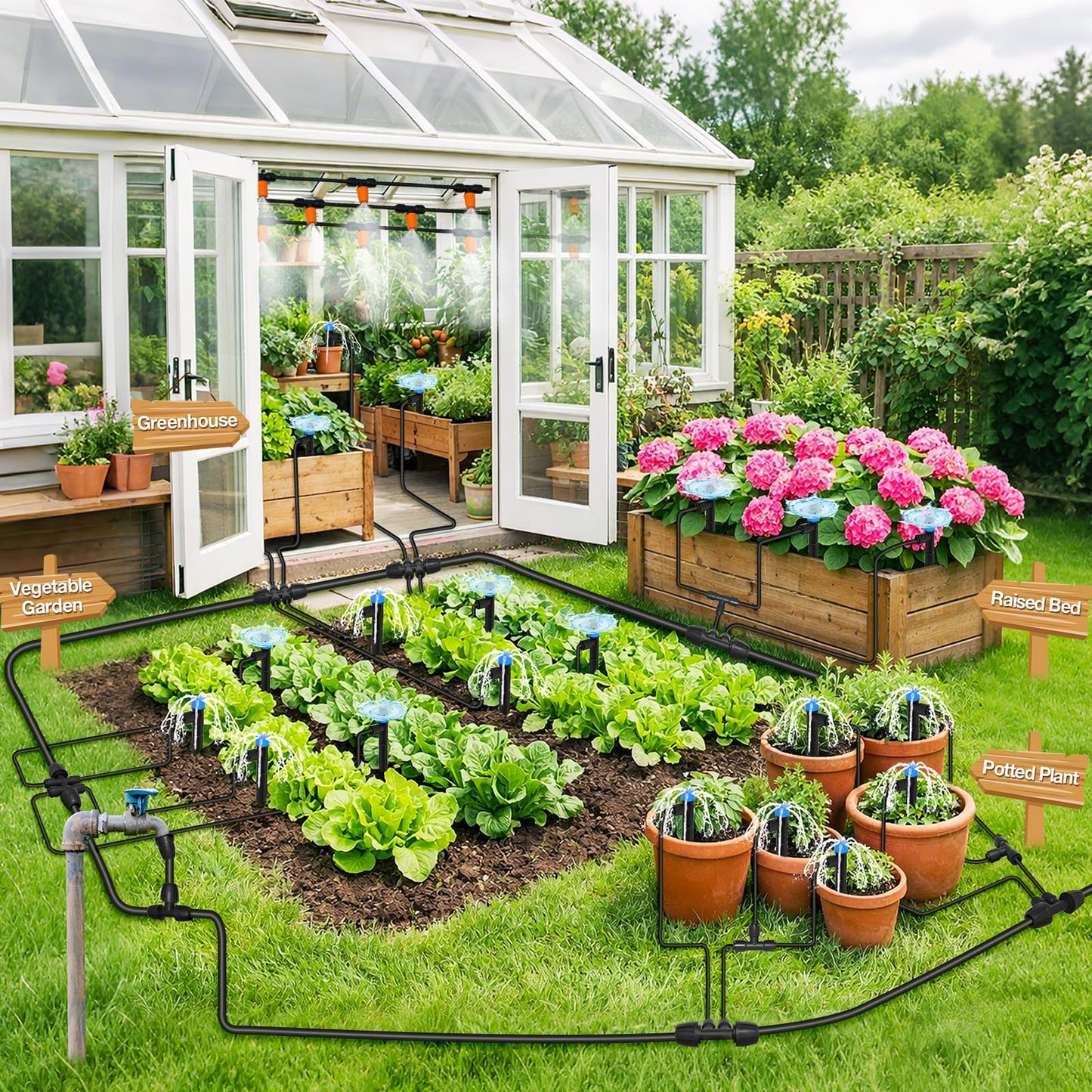 MIXC 300FT Drip Irrigation System Kit, Automatic Garden Misting Watering System with 100FT 1/2" & 200FT 1/4" Irrigation Tubing, Fitting, Adjustable Emitter for Greenhouse Lawn Raised Bed Potted Plant