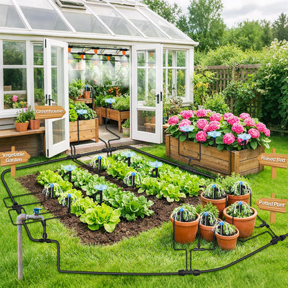MIXC 300FT Drip Irrigation System Kit, Automatic Garden Misting Watering System with 100FT 1/2" & 200FT 1/4" Irrigation Tubing, Fitting, Adjustable Emitter for Greenhouse Lawn Raised Bed Potted Plant