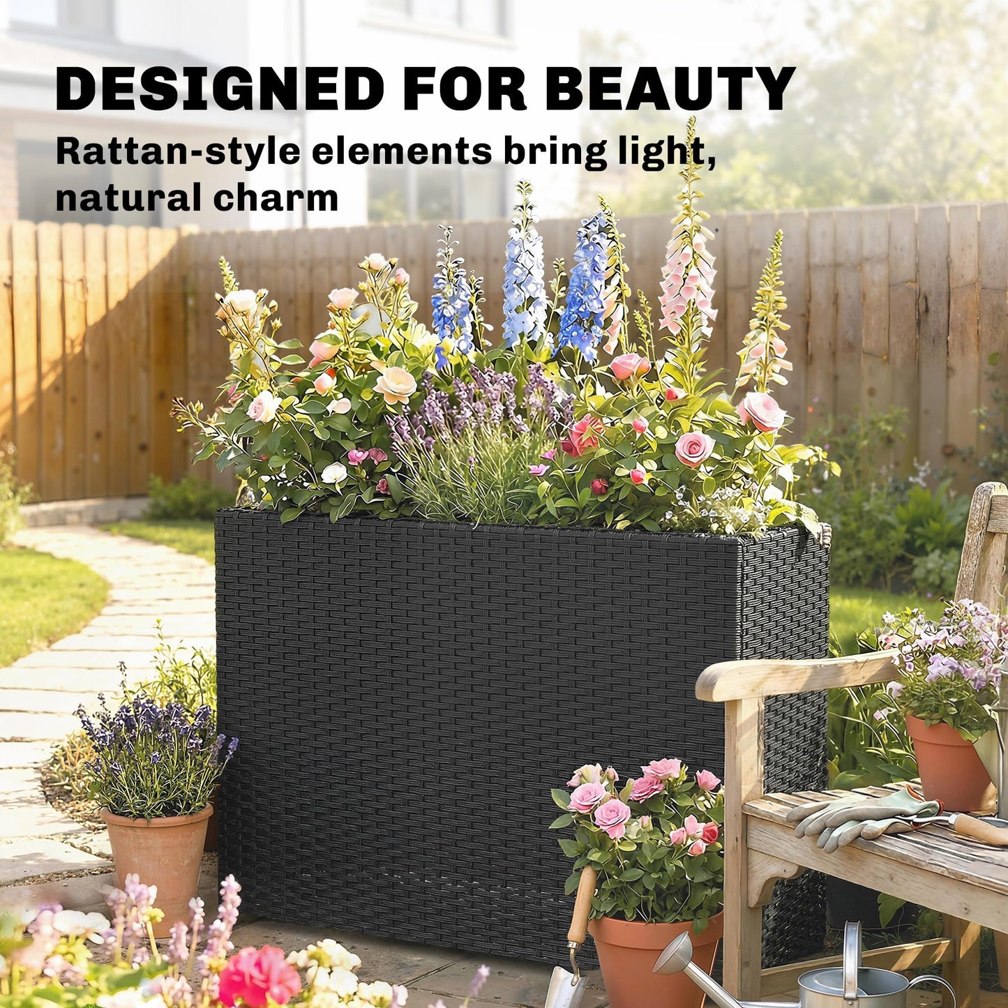 Outsunny Tall Rectangular Planter with Removable Liner, PE Wicker Large Planters for Outdoor Plants, Freestanding Indoor Outdoor Planter Box with Drainage Holes for Flowers, Vegetables, Black