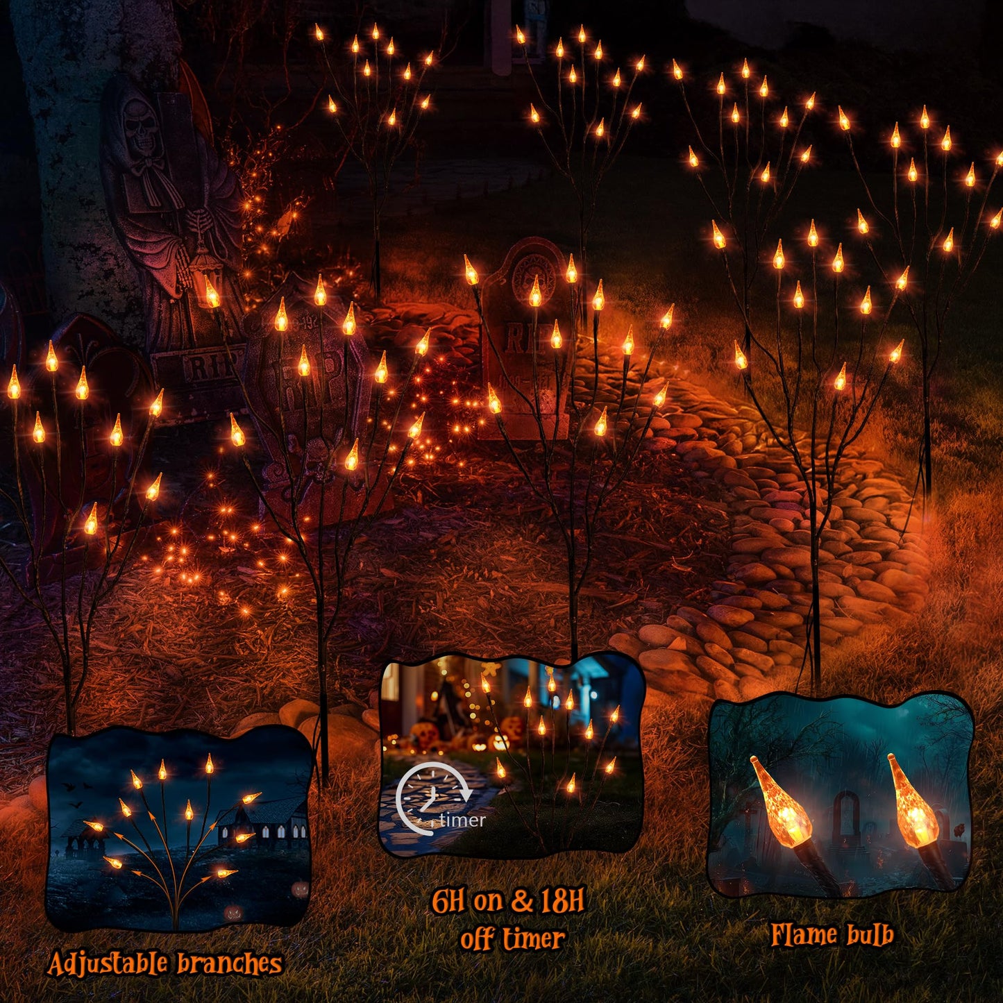 ODEETRONIC Halloween Pathway Lights – 3 Pack 30 LED Orange Candle Stake Lights, 7.54ft 8 Modes Outdoor Halloween Light Battery Operated, Waterproof & Timer Orange Light for Lawn, Path, Garden Decor