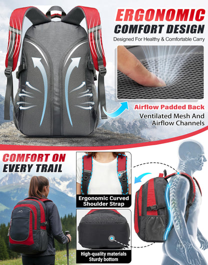ProEtrade Backpack Bookbag for College Sturdy Travel Business Hiking Fit Laptop Up to 15.6 Inch Multi Compartment Gifts for Men Women Night Light Reflective (red)