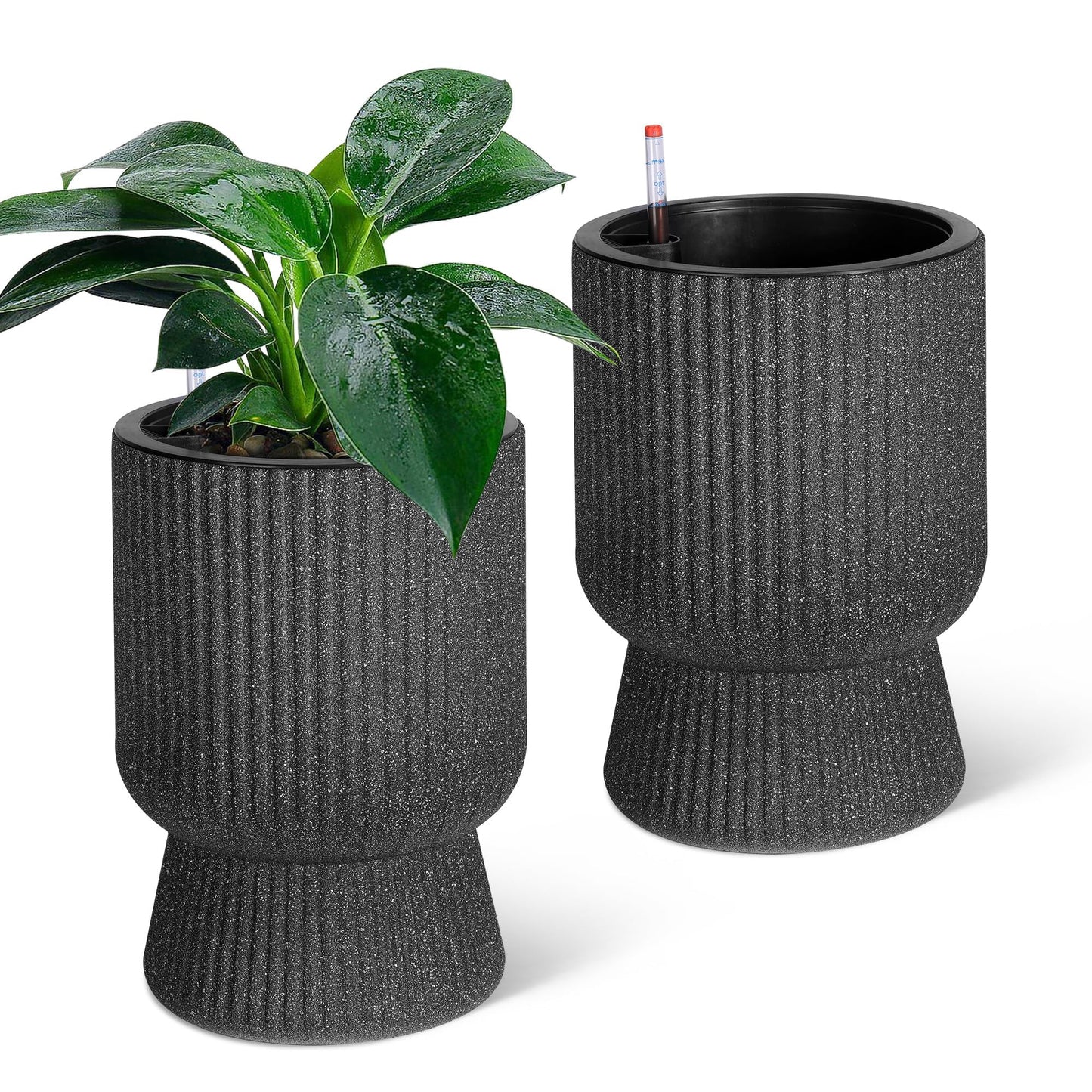 CABIHOME 14.2" Tall Planters, 2packs-Large Planter for Outdoor Plants, Flower Pots with Water Level Monitor, for Patio, Porch, Living Room, Home Office, for Outdoor & Indoor Plants, Classic Black