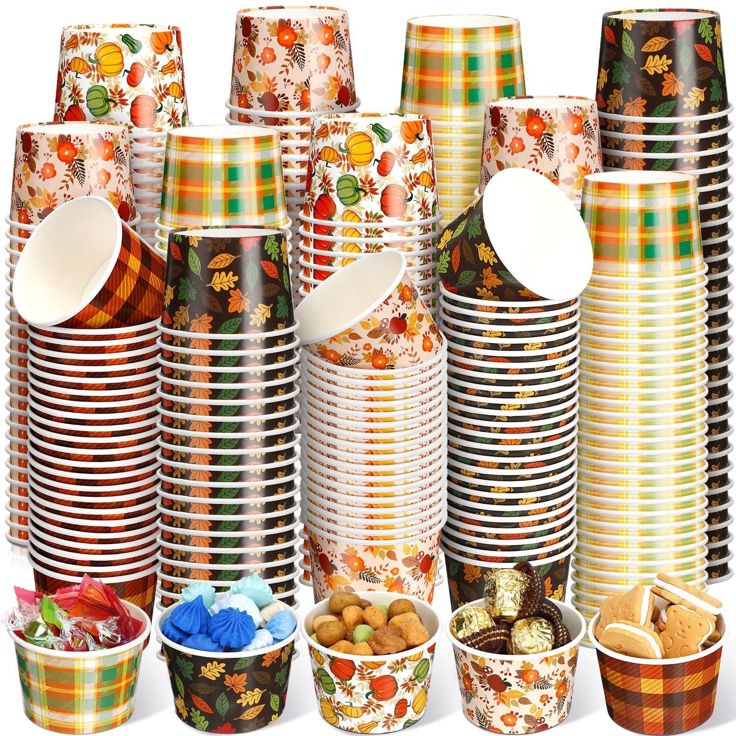 Uiifan 200 Pcs 9oz Fall Paper Bowls Thanksgiving Disposable Bowls Autumn Leaves Pumpkin Bowls Holiday Dessert Salad Snack Soup Cups for Party Supplies Hot or Cold Food