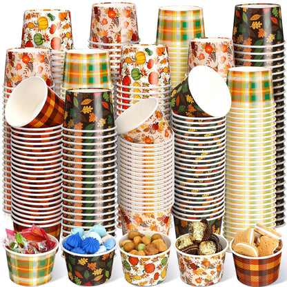 Uiifan 200 Pcs 9oz Fall Paper Bowls Thanksgiving Disposable Bowls Autumn Leaves Pumpkin Bowls Holiday Dessert Salad Snack Soup Cups for Party Supplies Hot or Cold Food