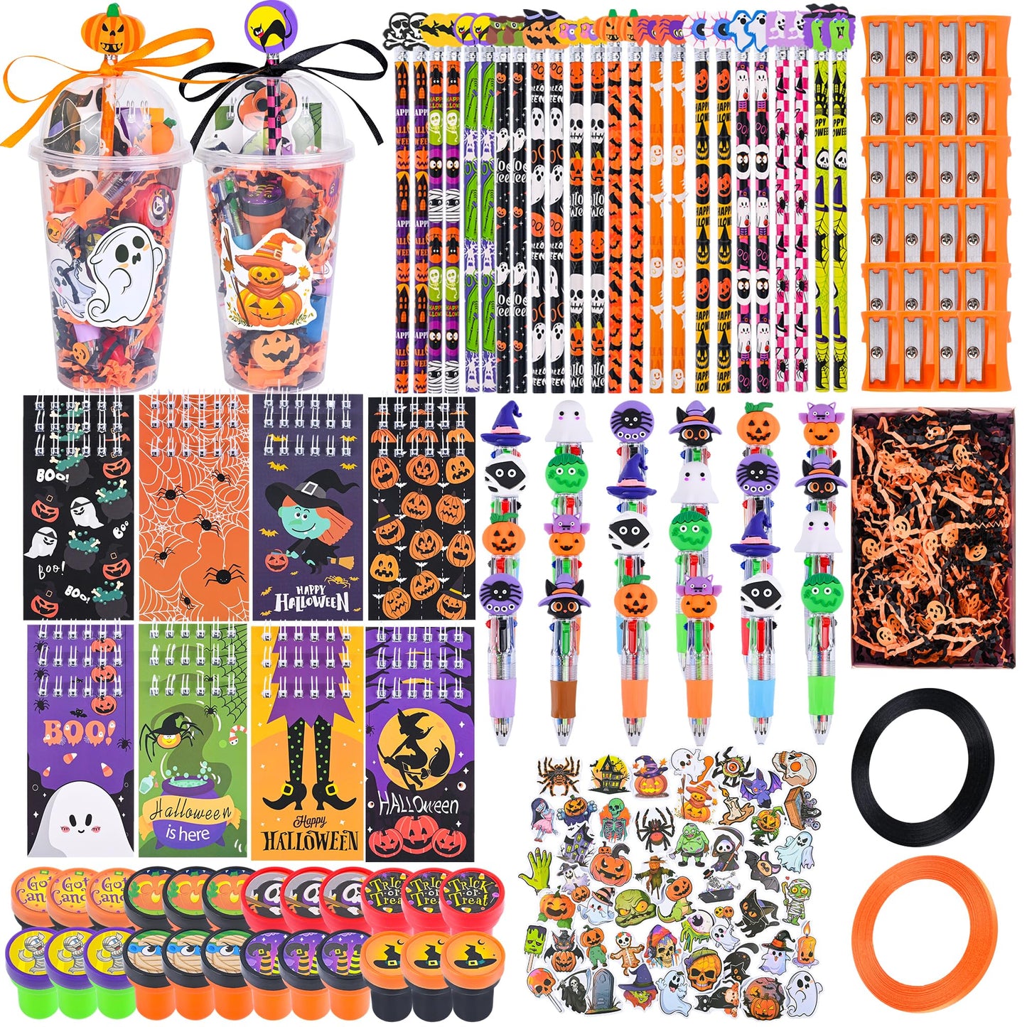 LiYiQ 247 Pcs Halloween Party Favors Return Gifts for Party, Student Stationery Gifts from Teacher, Pencil Erasers Notebooks Stickers for Classroom Birthday Goodie Bags Rewards Prizes