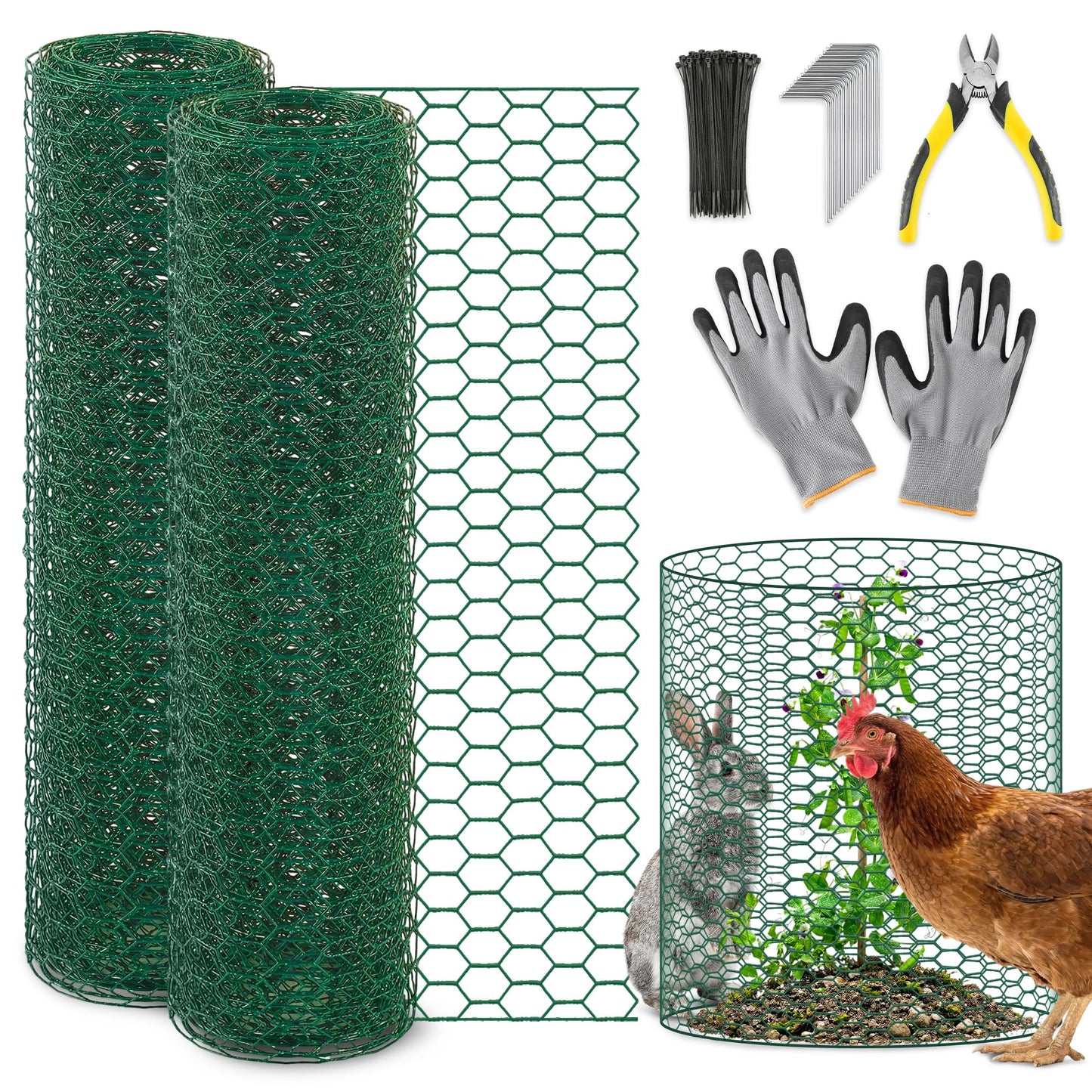 EcoBrisa 13.8x118" Plant Protectors from Animals, 2Roll Metal Mesh Plant Cages for Outdoor Plants Chicken Wire Cloche Wire Mesh for Garden Fence Kit with Ground Stakes & Nylon Tie,Gloves,Plier (Green)