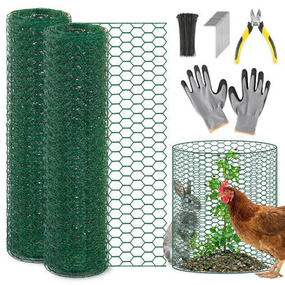 EcoBrisa 13.8x118" Plant Protectors from Animals, 2Roll Metal Mesh Plant Cages for Outdoor Plants Chicken Wire Cloche Wire Mesh for Garden Fence Kit with Ground Stakes & Nylon Tie,Gloves,Plier (Green)