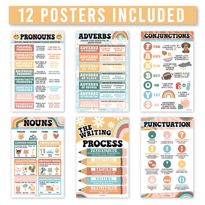Parts of Speech Posters for Classroom Must Haves - 12 Grammar Posters, Writing Process for Homeschool, Elementary & Middle School, ELA 3rd 4th & 5th Grade Teacher Must Haves, Retro Classroom Decor