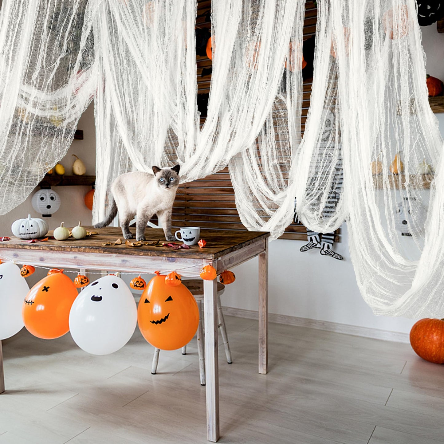 RunNico 600" x 85" Creepy Cloth - Large White Halloween Spooky Fabric Cloth - Creepy Spooky Halloween Decorations for Haunted House Window Backdrops Garden Party Yard Wall Doorway