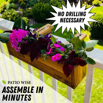 Patio Wise Acacia Wood Railing Planter Box, Outdoor Hanging Flower, Plant, & Herb Boxes, 20-Inch Wide x 5-Inch Tall x 4.5-Inch Deep Rectangular Porch, Deck, & Balcony Planters, Teak Color
