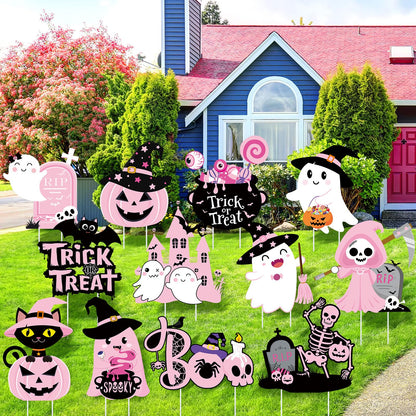 Huwena 12 Pcs Pink Halloween Decorations Cute Halloween Baby Shower Yard Stakes Spooky Pumpkin Cat Ghost Witch Garden Signs with Stakes for Halloween Happy Boo Party Lawn Patio Outdoor