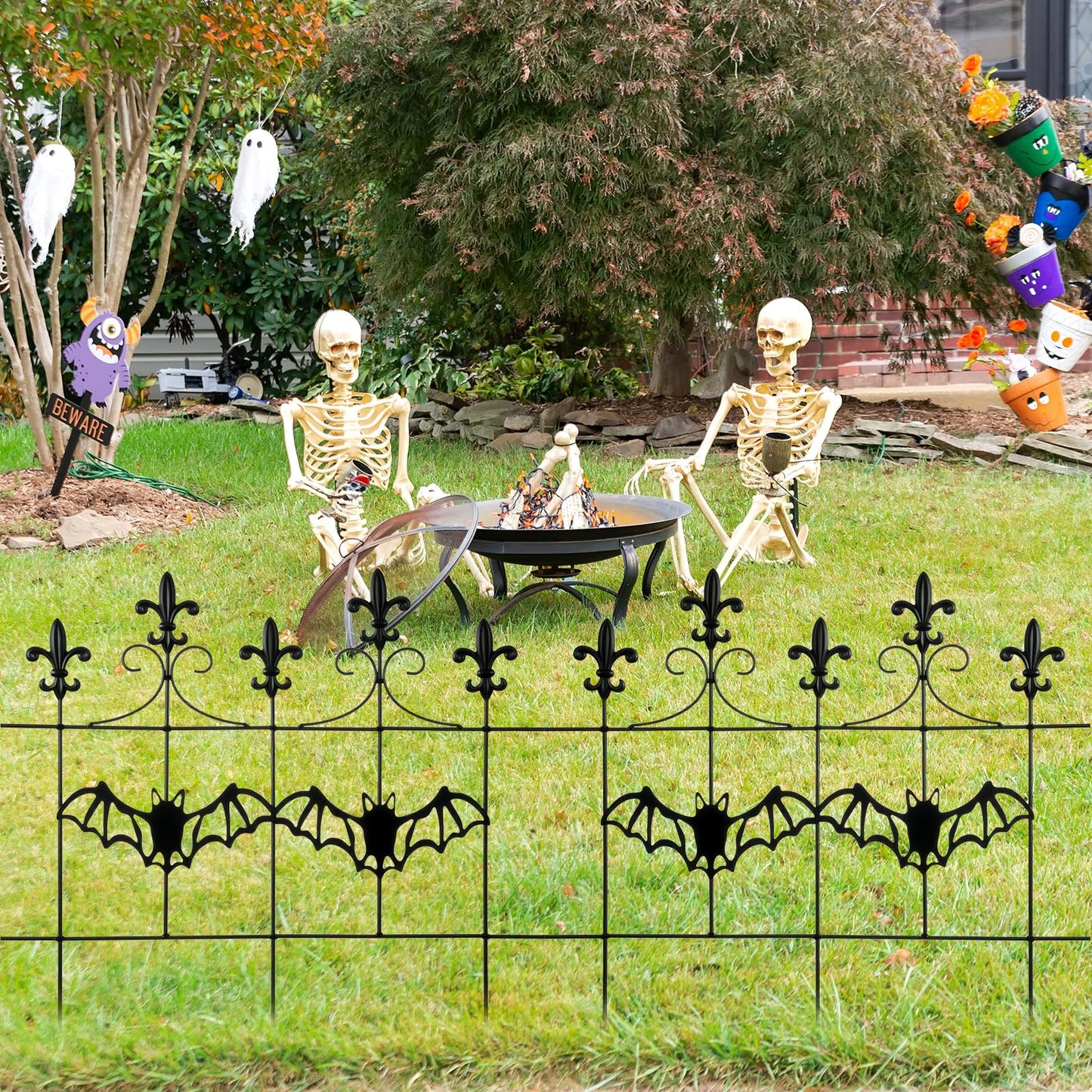 Otoolling 4 Pcs Halloween Fence Decoration Metal Gothic Black Garden Fence Panel, Spooky Outdoor Yard Prop for Haunted House, Graveyard, Party Decor (Bat,19"x16")