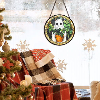cvjutf Halloween Ghost Suncatcher Stained Glass Window Hanging Decor, Cute Ghost Stained Glass Wall Decor, Plant Lovers Gifts, Botanical Garden Sun Catchers Indoor Window Hanging Wall Art, 7.9x7.9In