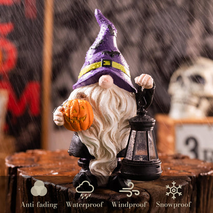 TERESA'S COLLECTIONS Halloween Decorations Garden Gnomes Statues with Solar Lights,Cute Purple Bat Hat Resin Decor with Lantern for Home,Table,Outdoor,Yard,Pumpkin Jack-o-Lanterns,Gifts for Party,8"