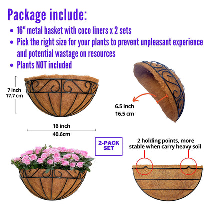 LaLaGreen 16 Inch Wall Hanging Planters - 2 Pack, Large Wall Mounted Flower Basket with Coco Liner, Black Metal Horse Trough Window Herb Pot Holder Outdoor Plants Fence Rail Railing Deck Porch Balcony