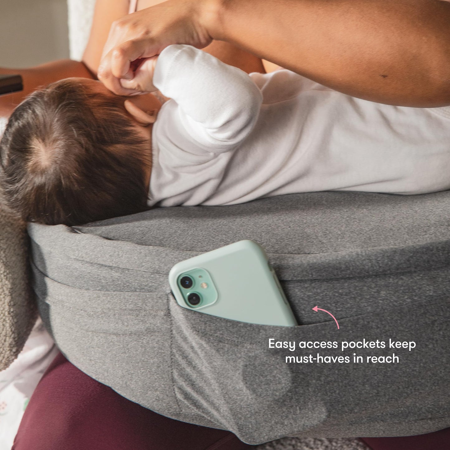 Frida Mom Nursing Pillow, Adjustable Breastfeeding Pillow for Mom & Baby Comfort with Back Support, Customizable Wrap Around Waist Strap, and Pockets for Heat Relief