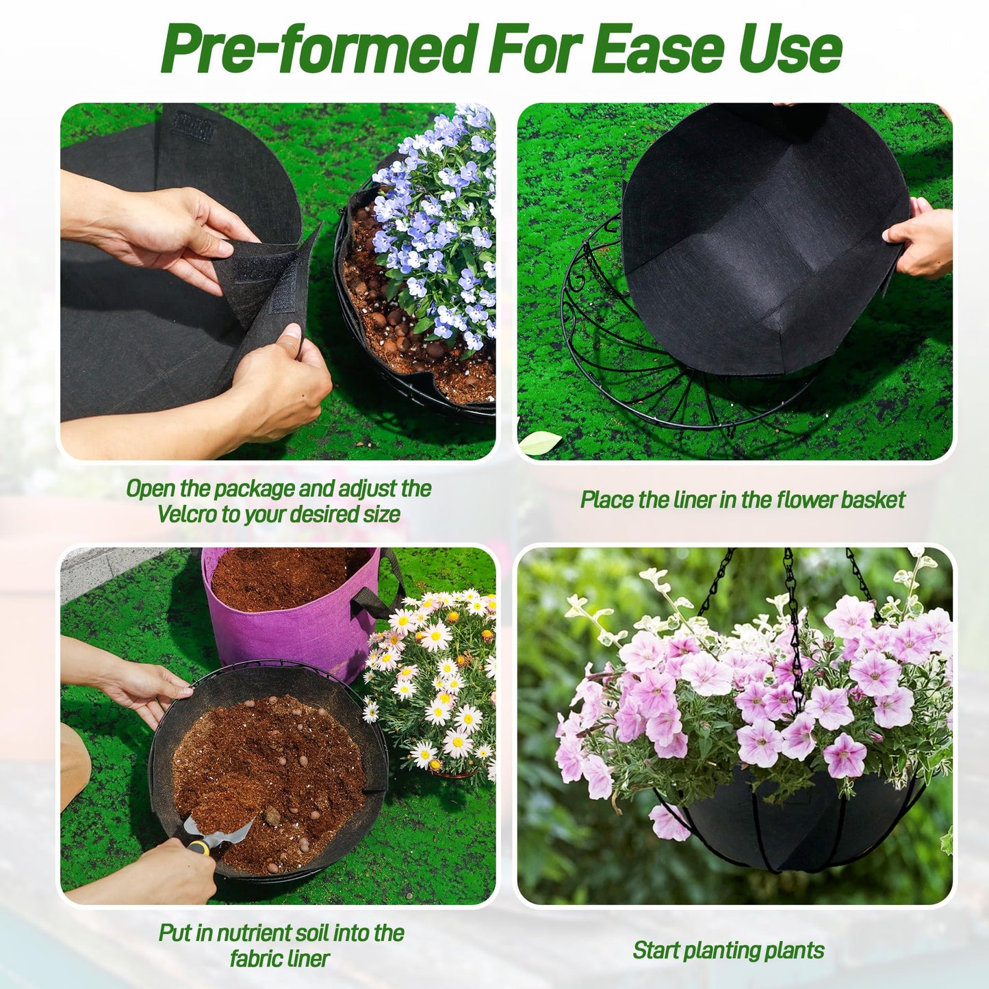 Sumloty 4 Pack 16 Inch Fabric Planter Basket Liner- Felt Flower Pot Liners Replacement Coco Fiber Liner for Hanging Basket Flowers Round Hanging Basket Liners Prevent Birds from Nesting