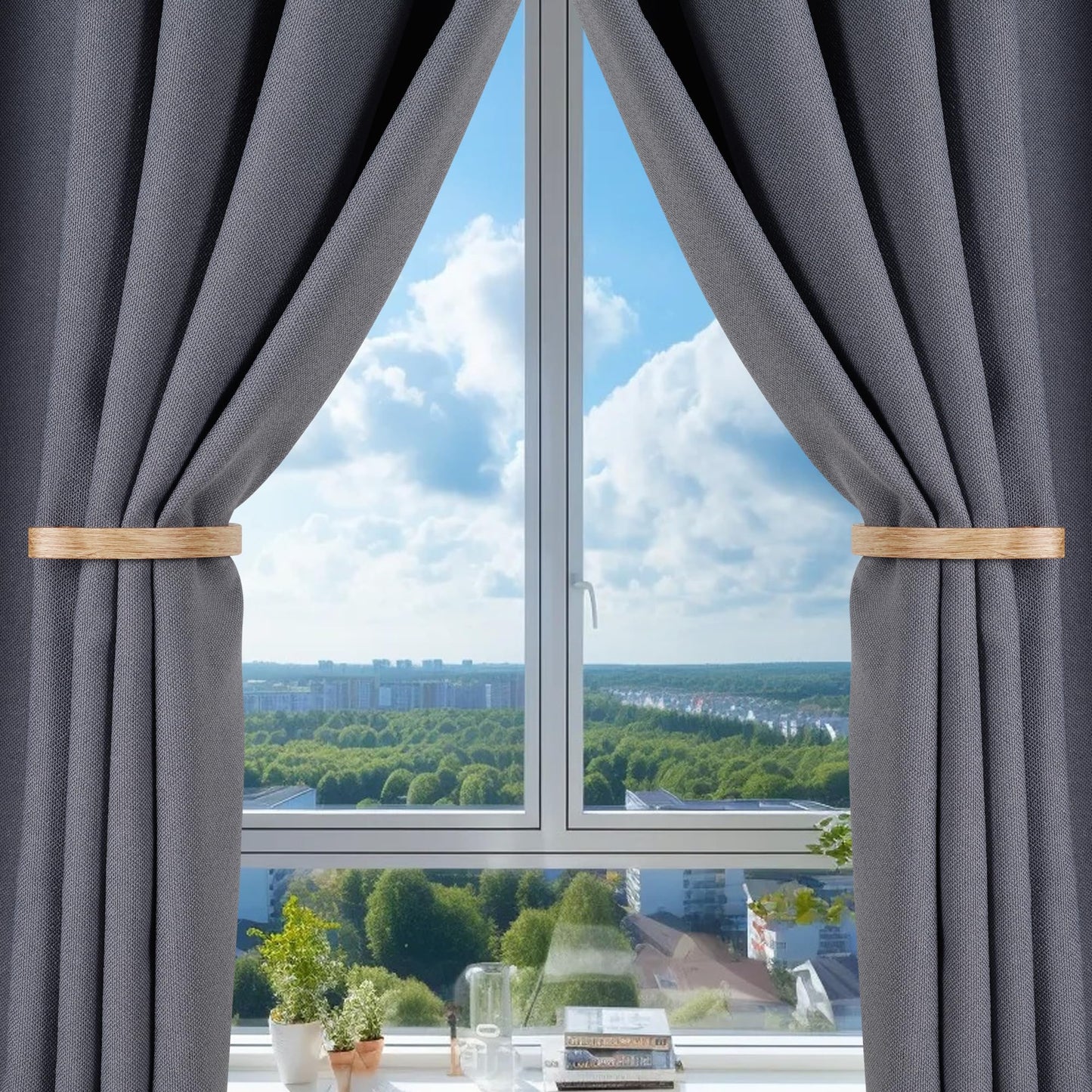 2Pcs Curtain Holdback,Premium Solid Aluminum Wall Mounted Curtain Tiebacks,Rust-Proof,Light Wood Grain