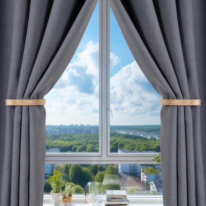 2Pcs Curtain Holdback,Premium Solid Aluminum Wall Mounted Curtain Tiebacks,Rust-Proof,Light Wood Grain