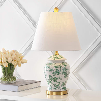 JONATHAN Y 22" White/Green Ceramic Table Lamp, French Country Chinoiserie Ginger Jar LED Bedside Lamp for Living Room Bedroom, White Linen Shade (JYL3005B)
