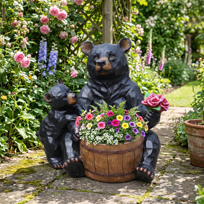 elesculor Black Bear Mother & Cub Garden Statue Planter, Resin Outdoor Flower Pot with Barrel Basket, Decorative Animal Planter for Patio, Yard, Lawn, Cabin Decor