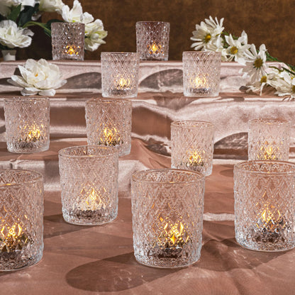 Romcanmy 12Pcs Votive Candle Holders, 2x2.5in Clear Glass Candle Holder with Embossed Diamond for Table Centerpieces, Elegant Small Crystal Tea Light Holders for Wedding Birthday Party Chirstmas Decor