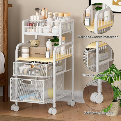 SWTYMIKI Rolling Cart with Drawers - Metal Craft Cart with Wheels, DIY Divider and Wood Shelf, Art Supply Organizer for Under Desk Storage, Utility Storage Cart for Home Office Studio, White