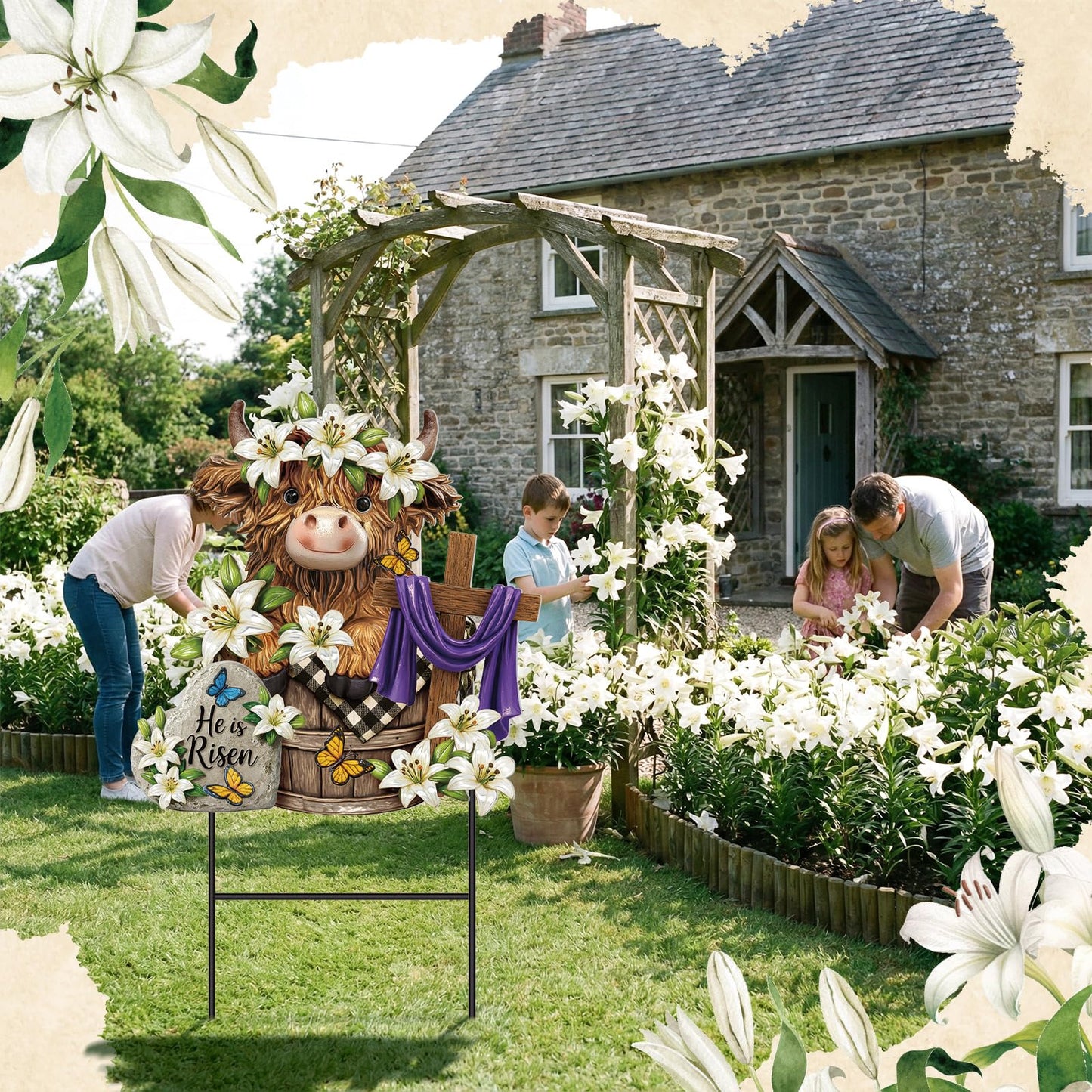 Amyhill Easter Outdoor Decor Highland Cow Metal Garden Stakes Decorative He is Risen Highland Cow Yard Signs with Stakes Cattle Lily Yard Sign for Easter Christian Holiday Garden Lawn Decor
