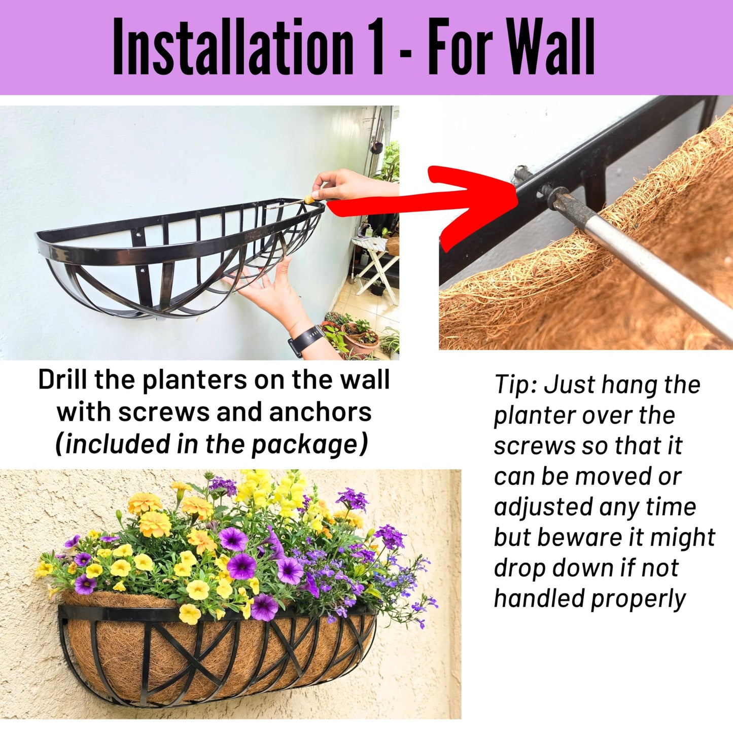 LaLaGreen Bundle- 4 Pack, 24 Inch Metal Planter with Coco Liner + 3 Pack, 11 Inch Self Watering Hanging Basket Plastic Flower Pot with Chain Outdoor Wall Mounted Balcony Fence Patio Porch Modern Decor