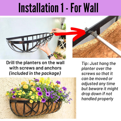 LaLaGreen Bundle- 4 Pack, 24 Inch Metal Planter with Coco Liner + 3 Pack, 11 Inch Self Watering Hanging Basket Plastic Flower Pot with Chain Outdoor Wall Mounted Balcony Fence Patio Porch Modern Decor