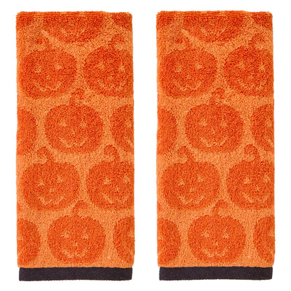 SKL Home Halloween Jack-O-Lantern 100% Cotton Jacquard 2pc Hand Towel Set, Reversible, Soft & Absorbent, Decorative for Bath/Kitchen/Bar & Gift, Orange