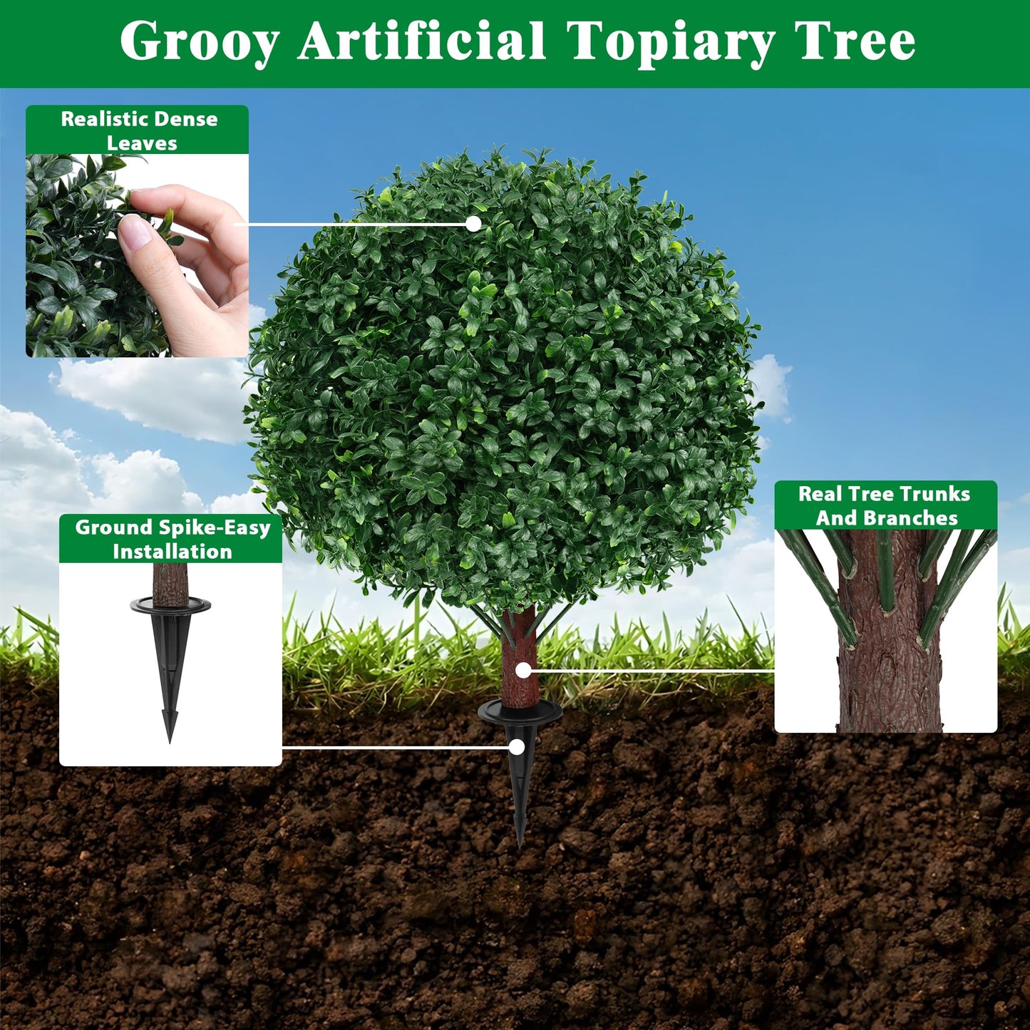 Grooy Artificial Boxwood Topiary Ball Tree with Ground Spike, Set of 2 Artificial Shrub Bushes, Fake Evergreen Tree for Porch, Artificial Plants for Outdoor Planters Indoor UV Resistant