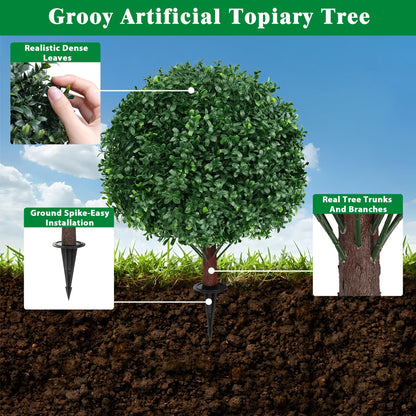 Grooy Artificial Boxwood Topiary Ball Tree with Ground Spike, Set of 2 Artificial Shrub Bushes, Fake Evergreen Tree for Porch, Artificial Plants for Outdoor Planters Indoor UV Resistant